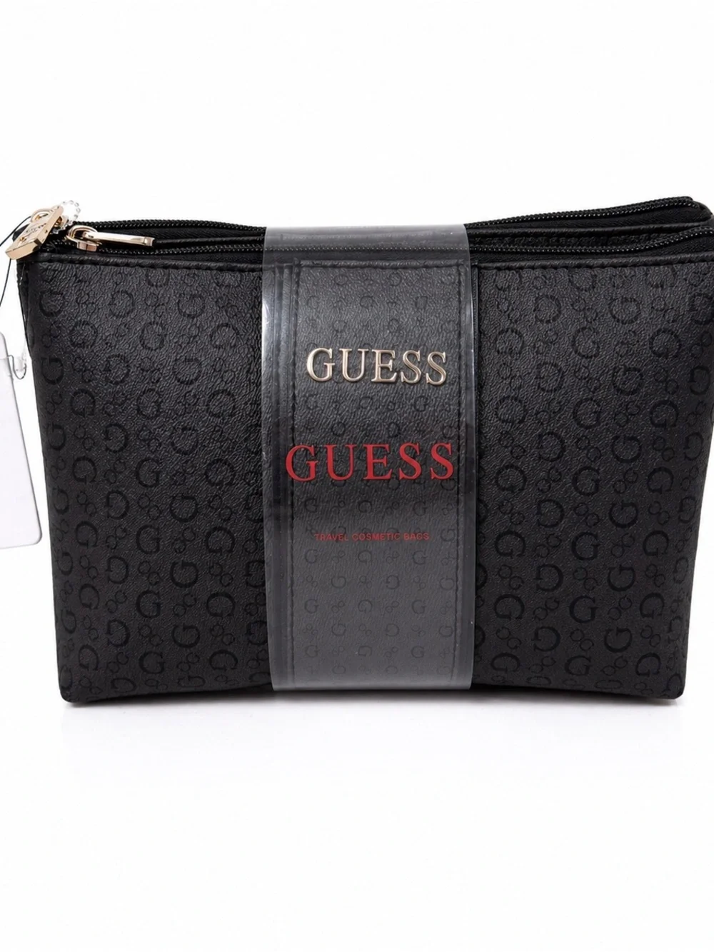 Guess Embossed Cosmetic Pouch Bag 2 pcs Set Full Zipper Black With Print logo